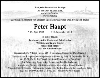 Anzeige von Peter Haupt von Kölner Stadt-Anzeiger / Kölnische Rundschau / Express