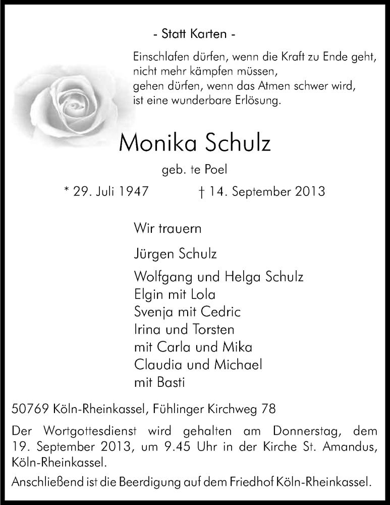  Traueranzeige für Monika Schulz vom 17.09.2013 aus Kölner Stadt-Anzeiger / Kölnische Rundschau / Express