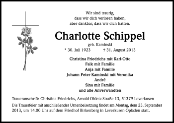 Anzeige von Charlotte Schippel von Kölner Stadt-Anzeiger / Kölnische Rundschau / Express