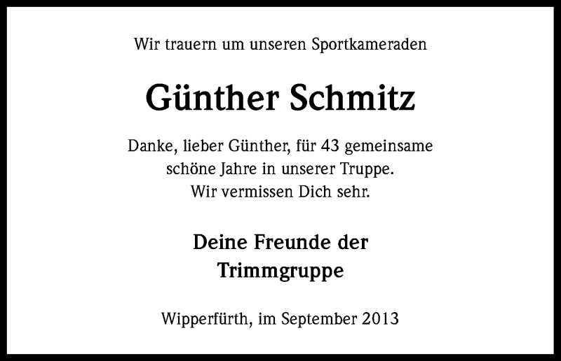  Traueranzeige für Günther Schmitz vom 18.09.2013 aus Kölner Stadt-Anzeiger / Kölnische Rundschau / Express