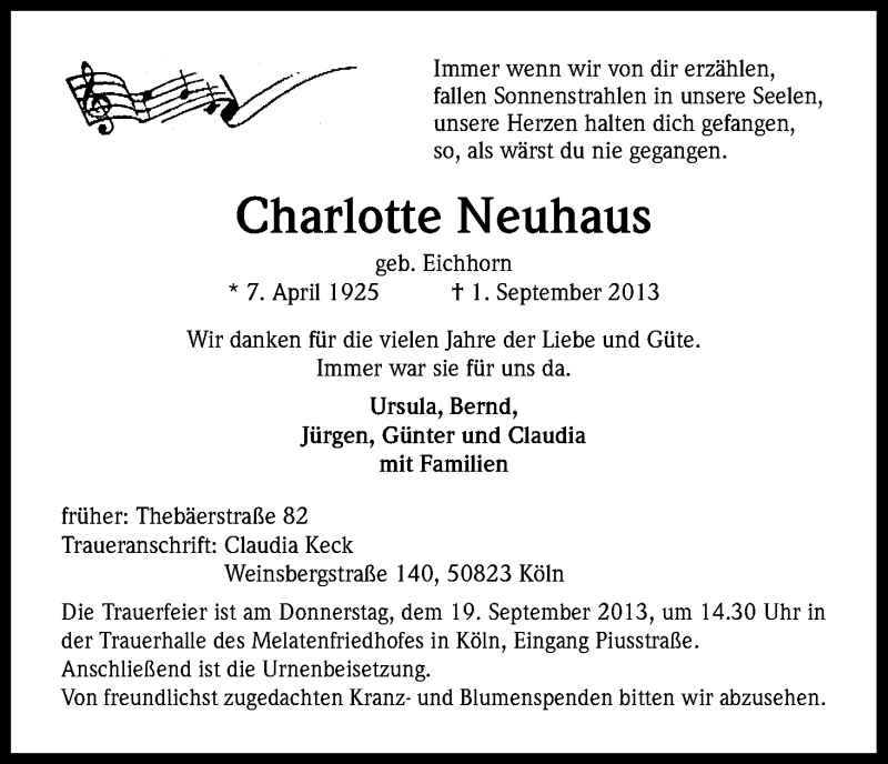  Traueranzeige für Charlotte Neuhaus vom 17.09.2013 aus Kölner Stadt-Anzeiger / Kölnische Rundschau / Express
