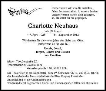 Anzeige von Charlotte Neuhaus von Kölner Stadt-Anzeiger / Kölnische Rundschau / Express