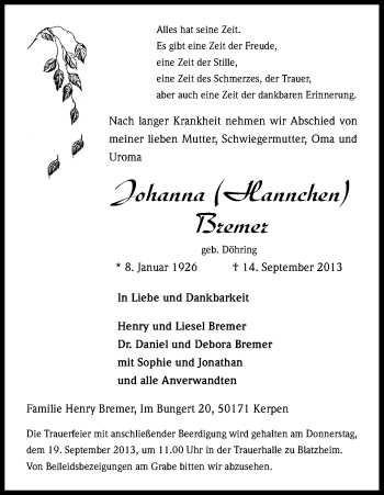 Anzeige von Johanna Bremer von Kölner Stadt-Anzeiger / Kölnische Rundschau / Express
