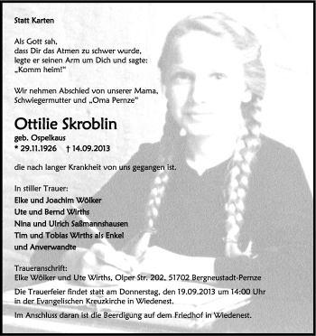 Anzeige von Ottilie Skroblin von Kölner Stadt-Anzeiger / Kölnische Rundschau / Express