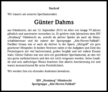 Anzeige von Günter Dahms von Kölner Stadt-Anzeiger / Kölnische Rundschau / Express
