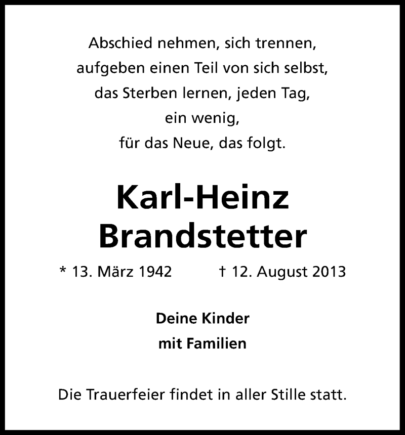  Traueranzeige für Karl-Heinz Brandstetter vom 21.09.2013 aus Kölner Stadt-Anzeiger / Kölnische Rundschau / Express