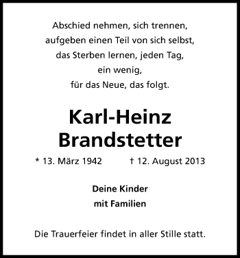 Anzeige von Karl-Heinz Brandstetter von Kölner Stadt-Anzeiger / Kölnische Rundschau / Express