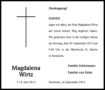 Anzeige von Magdalena Wirtz von Kölner Stadt-Anzeiger / Kölnische Rundschau / Express