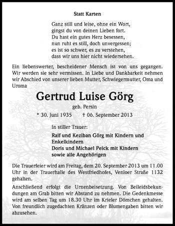 Anzeige von Gertrud Luise Görg von Kölner Stadt-Anzeiger / Kölnische Rundschau / Express