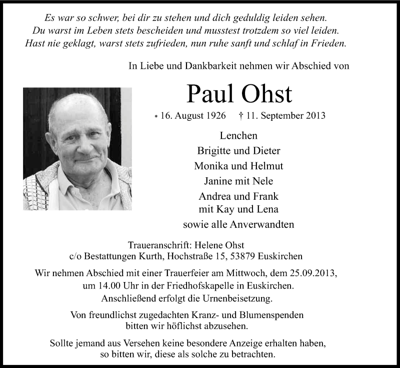  Traueranzeige für Paul Ohst vom 18.09.2013 aus Kölner Stadt-Anzeiger / Kölnische Rundschau / Express
