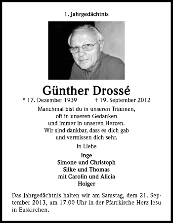 Anzeige von Günther Drossé von Kölner Stadt-Anzeiger / Kölnische Rundschau / Express