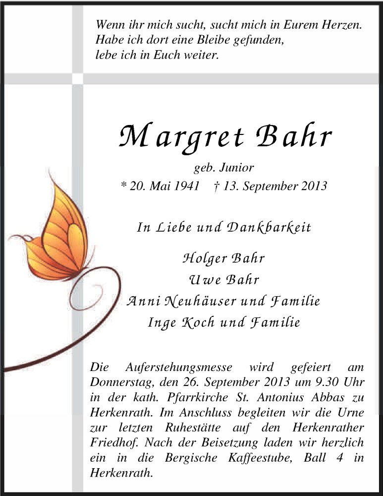  Traueranzeige für Margret Bahr vom 21.09.2013 aus Kölner Stadt-Anzeiger / Kölnische Rundschau / Express