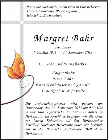 Anzeige von Margret Bahr von Kölner Stadt-Anzeiger / Kölnische Rundschau / Express