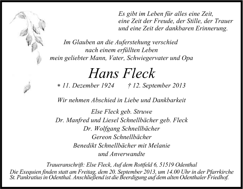  Traueranzeige für Hans Fleck vom 18.09.2013 aus Kölner Stadt-Anzeiger / Kölnische Rundschau / Express