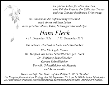 Anzeige von Hans Fleck von Kölner Stadt-Anzeiger / Kölnische Rundschau / Express