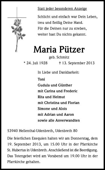 Anzeige von Maria Pützer von Kölner Stadt-Anzeiger / Kölnische Rundschau / Express