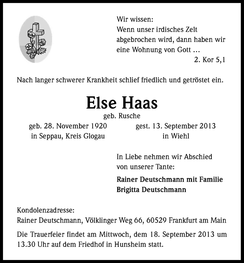  Traueranzeige für Else Haas vom 17.09.2013 aus Kölner Stadt-Anzeiger / Kölnische Rundschau / Express