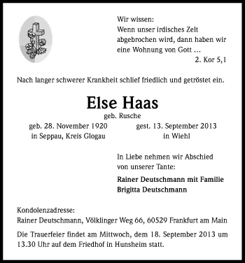 Anzeige von Else Haas von Kölner Stadt-Anzeiger / Kölnische Rundschau / Express