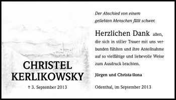 Anzeige von Christel Kerlikowsky von Kölner Stadt-Anzeiger / Kölnische Rundschau / Express