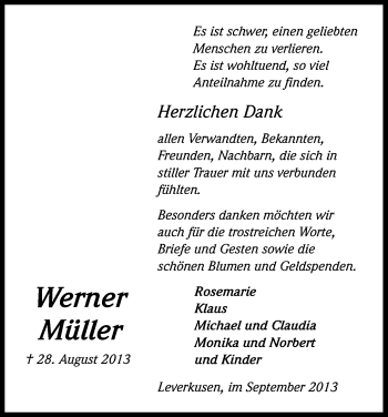 Anzeige von Werner Müller von Kölner Stadt-Anzeiger / Kölnische Rundschau / Express