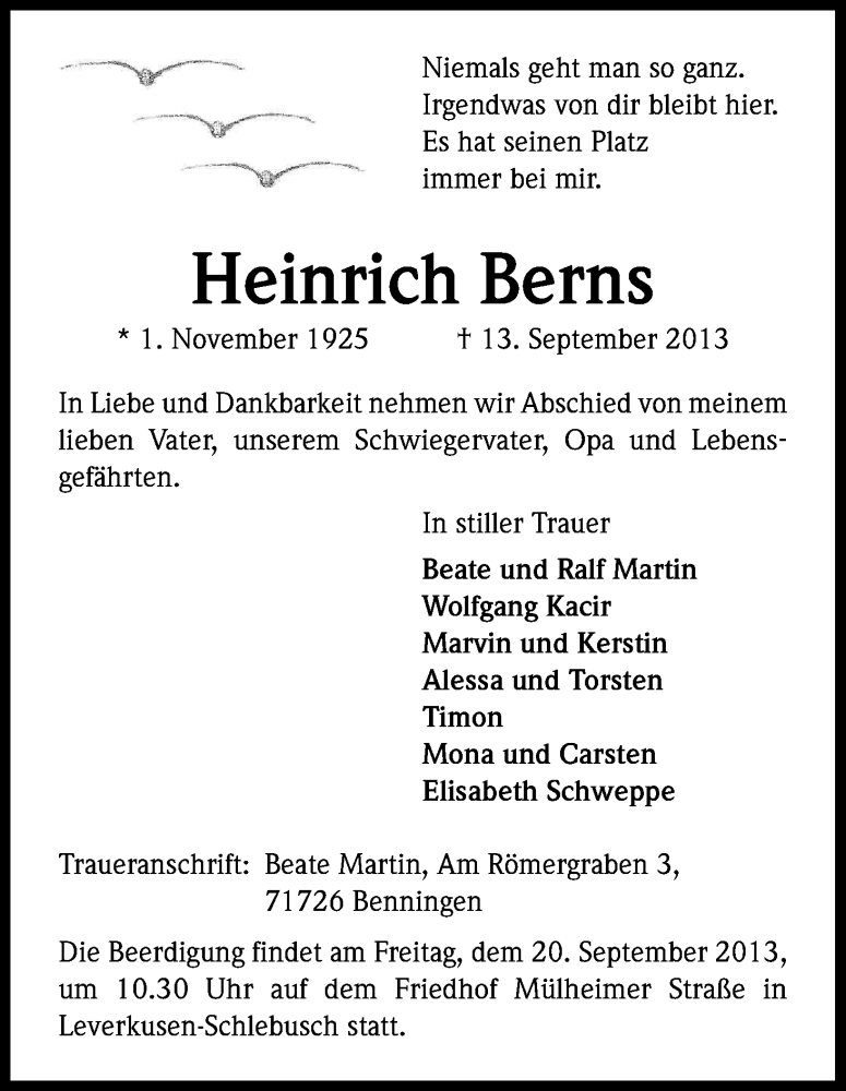  Traueranzeige für Heinrich Berns vom 18.09.2013 aus Kölner Stadt-Anzeiger / Kölnische Rundschau / Express