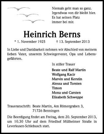 Anzeige von Heinrich Berns von Kölner Stadt-Anzeiger / Kölnische Rundschau / Express