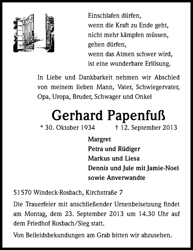  Traueranzeige für Gerhard Papenfuß vom 18.09.2013 aus Kölner Stadt-Anzeiger / Kölnische Rundschau / Express