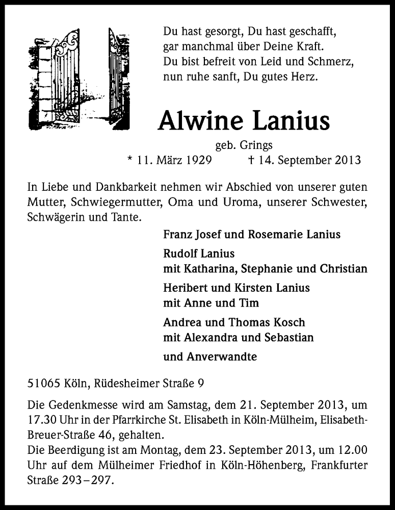  Traueranzeige für Alwine Lanius vom 18.09.2013 aus Kölner Stadt-Anzeiger / Kölnische Rundschau / Express
