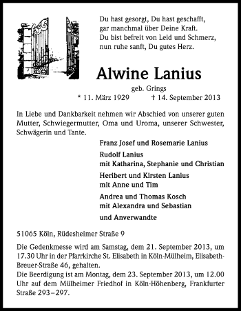 Anzeige von Alwine Lanius von Kölner Stadt-Anzeiger / Kölnische Rundschau / Express