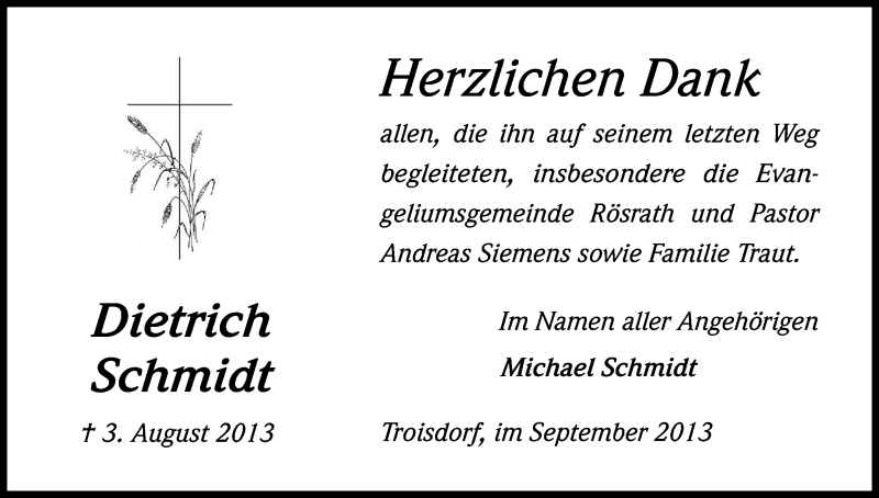  Traueranzeige für Dietrich Schmidt vom 21.09.2013 aus Kölner Stadt-Anzeiger / Kölnische Rundschau / Express