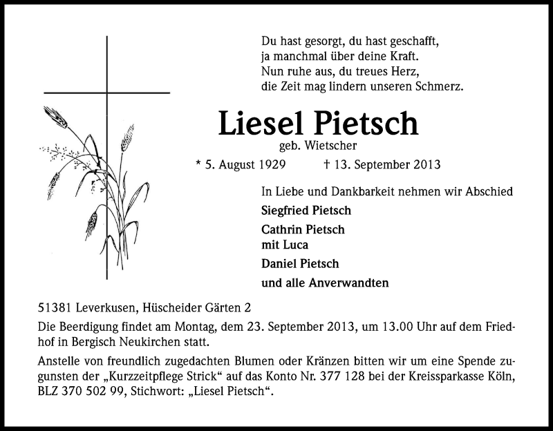  Traueranzeige für Liesel Pietsch vom 18.09.2013 aus Kölner Stadt-Anzeiger / Kölnische Rundschau / Express