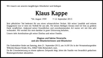 Anzeige von Klaus Kappe von Kölner Stadt-Anzeiger / Kölnische Rundschau / Express