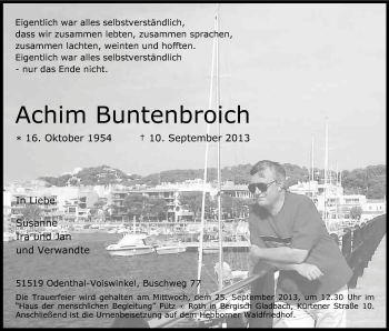 Anzeige von Achim Buntenbroich von Kölner Stadt-Anzeiger / Kölnische Rundschau / Express