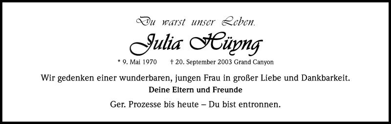  Traueranzeige für Julia Hüyng vom 20.09.2013 aus Kölner Stadt-Anzeiger / Kölnische Rundschau / Express