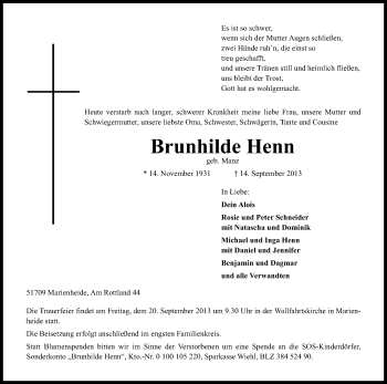 Anzeige von Brunhilde Henn von Kölner Stadt-Anzeiger / Kölnische Rundschau / Express
