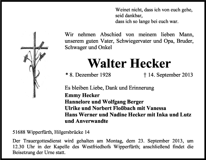  Traueranzeige für Walter Hecker vom 18.09.2013 aus Kölner Stadt-Anzeiger / Kölnische Rundschau / Express