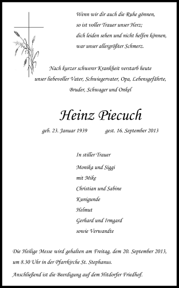 Anzeige von Heinz Piecuch von Kölner Stadt-Anzeiger / Kölnische Rundschau / Express