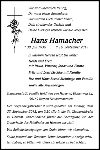 Anzeige von Hans Hamacher von Kölner Stadt-Anzeiger / Kölnische Rundschau / Express