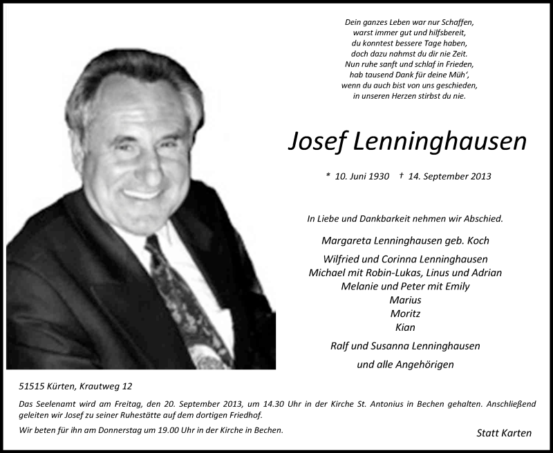  Traueranzeige für Josef Lenninghausen vom 18.09.2013 aus Kölner Stadt-Anzeiger / Kölnische Rundschau / Express