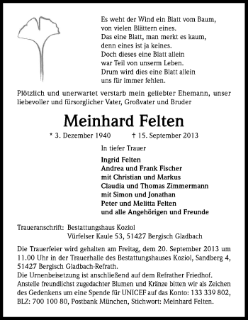 Anzeige von Meinhard Felten von Kölner Stadt-Anzeiger / Kölnische Rundschau / Express