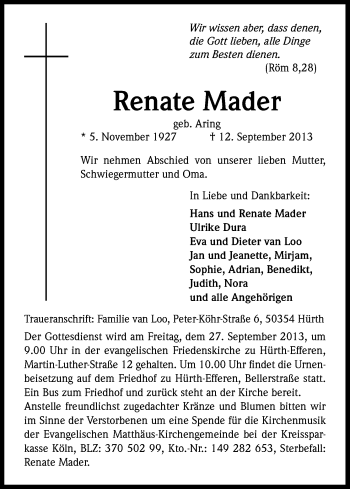 Anzeige von Renate Mader von Kölner Stadt-Anzeiger / Kölnische Rundschau / Express