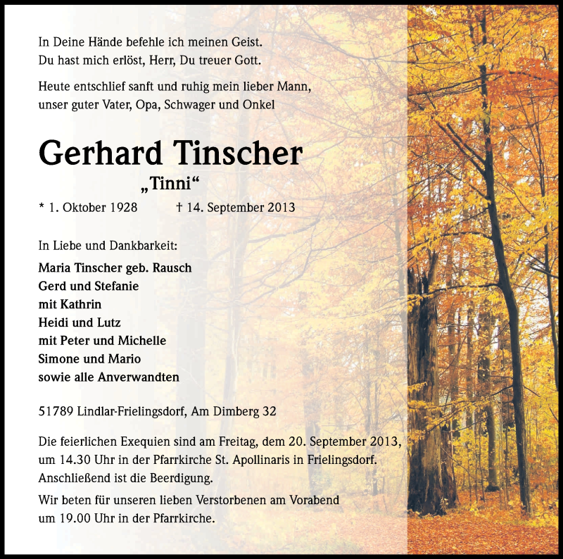  Traueranzeige für Gerhard Tinscher vom 18.09.2013 aus Kölner Stadt-Anzeiger / Kölnische Rundschau / Express