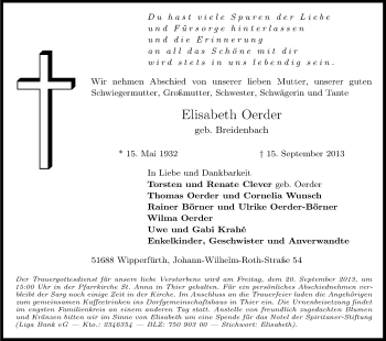 Anzeige von Elisabeth Oerder von Kölner Stadt-Anzeiger / Kölnische Rundschau / Express