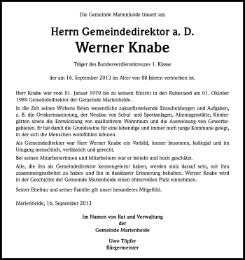 Anzeige von Werner Knabe von Kölner Stadt-Anzeiger / Kölnische Rundschau / Express