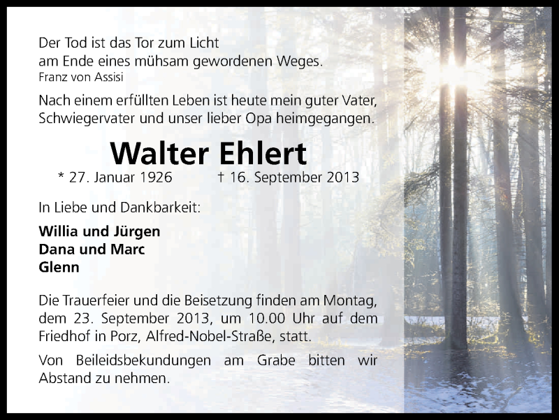  Traueranzeige für Walter Ehlert vom 21.09.2013 aus Kölner Stadt-Anzeiger / Kölnische Rundschau / Express