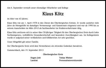 Anzeige von Klaus Klötz von Kölner Stadt-Anzeiger / Kölnische Rundschau / Express