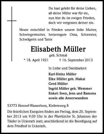 Anzeige von Elisabeth Müller von Kölner Stadt-Anzeiger / Kölnische Rundschau / Express