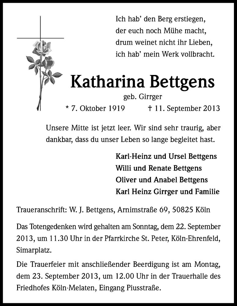  Traueranzeige für Katharina Bettgens vom 21.09.2013 aus Kölner Stadt-Anzeiger / Kölnische Rundschau / Express