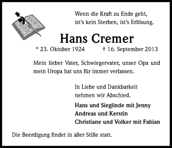 Anzeige von Hans Cremer von Kölner Stadt-Anzeiger / Kölnische Rundschau / Express