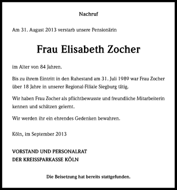 Anzeige von Elisabeth Zocher von Kölner Stadt-Anzeiger / Kölnische Rundschau / Express